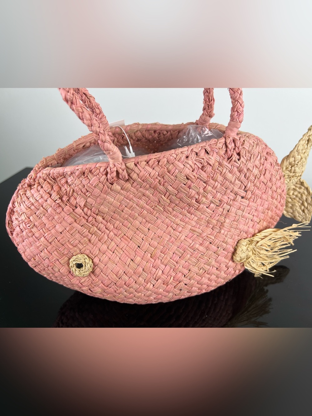 Bonpoint Girls Raffia Straw Woven Fish Bag, Pink - Picture 7 of 11